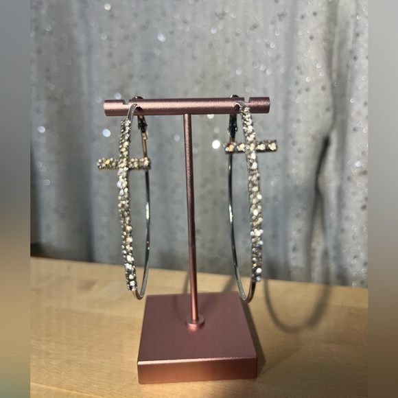 Silver Hoops with Rhinestone Studded Cross, Alloy - Picture 5 of 6